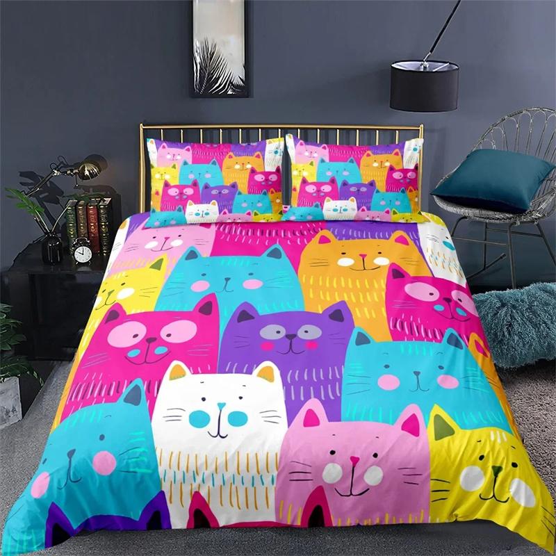Cartoon Cat Duvet Cover Set Cartoon Animal Print Bedding Set With Pillowcase 2/3pcs Comforter Cover For Bedroom Decor