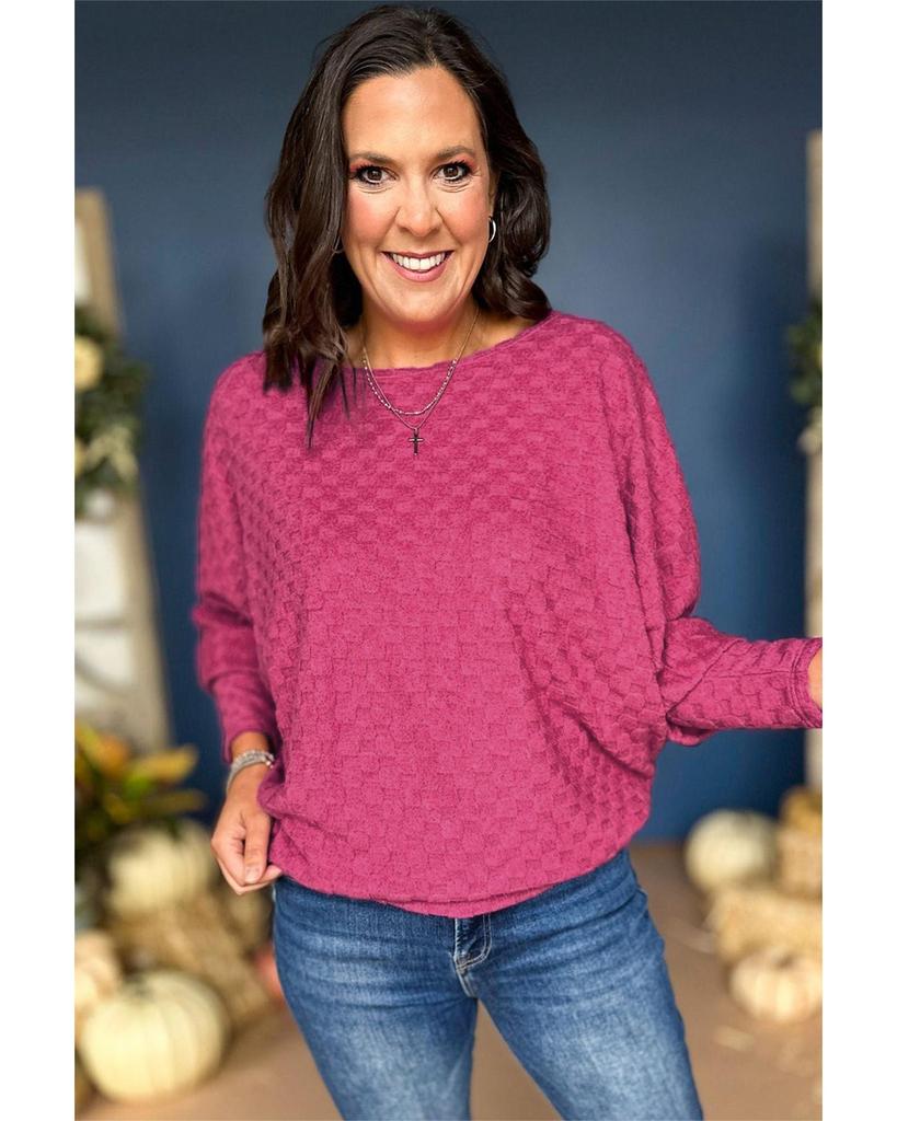 Azura Exchange Bright Pink Checker Textured Dolman Sleeve Top