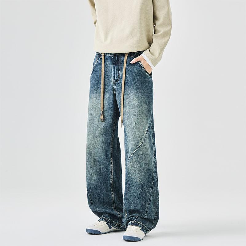 Vintage Deconstructed Jeans Mens American Streetwear Distressed Loose Drawstring Wide Leg Pants