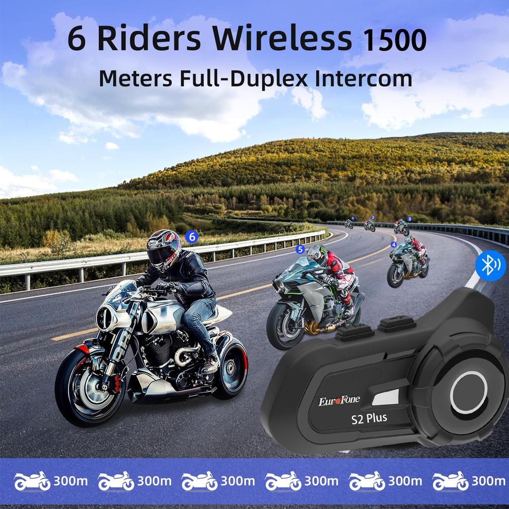 EuroFone S2 PLUS Motorcycle Bluetooth Simultaneous Calling While 1500m Communication IP67 Waterproof and Music 40mm Helmet Automatic CVC Noise HIFI