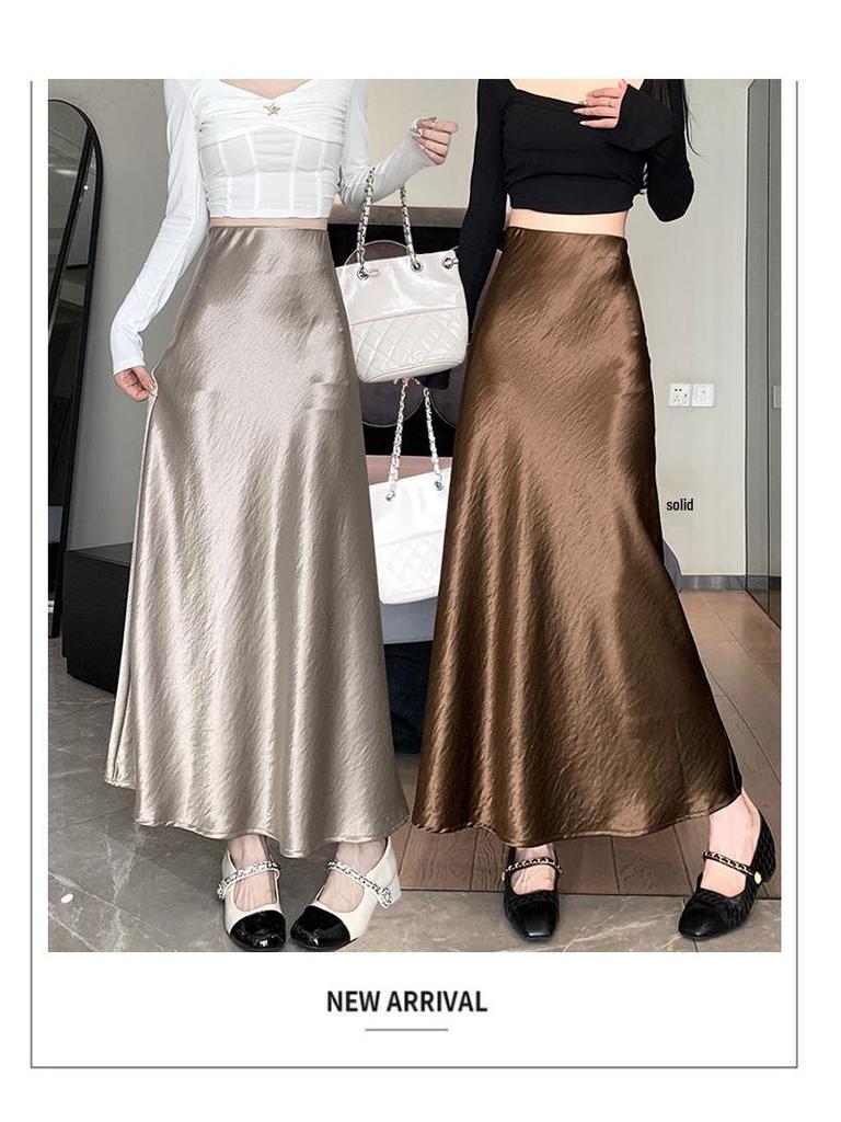 Французская атласная миди-юбка А-силуэта с высокой талией для женщин - Осенняя коллекция
