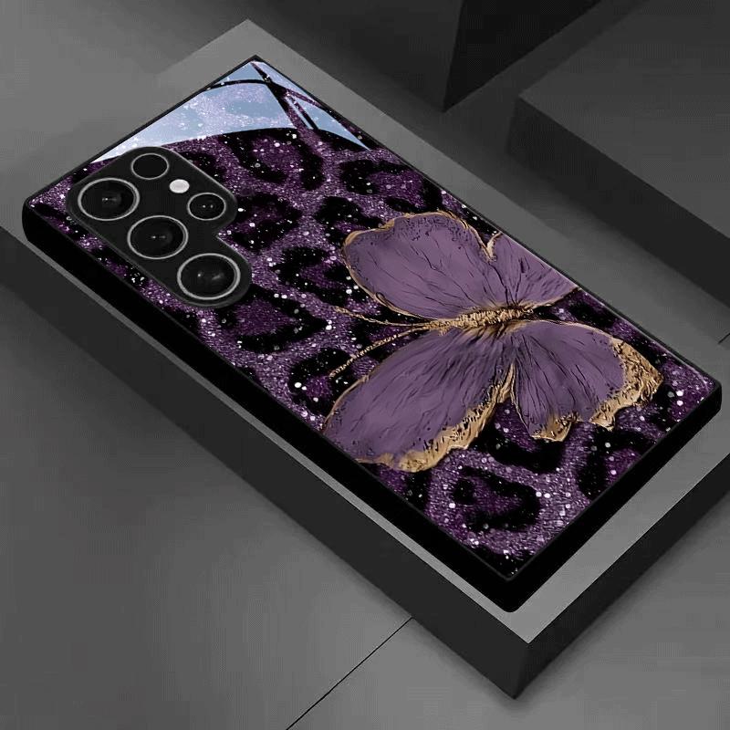 Чехол из закаленного стекла с рисунком бабочки и леопарда, подходит для Samsung Galaxy S26 S25 S24 S23 S22 S21 S20 FE/Ultra/Plus, противоударный
