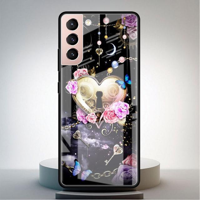 Чехол из закаленного стекла для Samsung Galaxy S22 S21 Ultra S20 Fe S10 S9 S8 S22 S21 Plus Note 20 10 Phone Funda Rose Butterfly Flower
