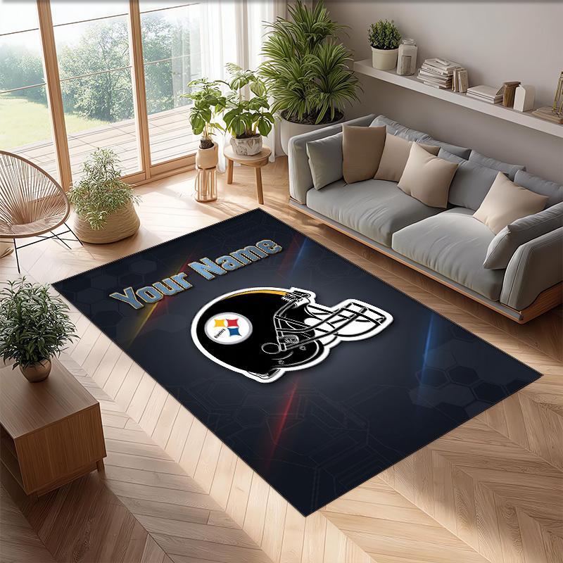 Pittsburgh Steelers Crystal Velvet Rug, Custom Name Text Personalized Non‑Slip Floor Mat for Home Decor Gift