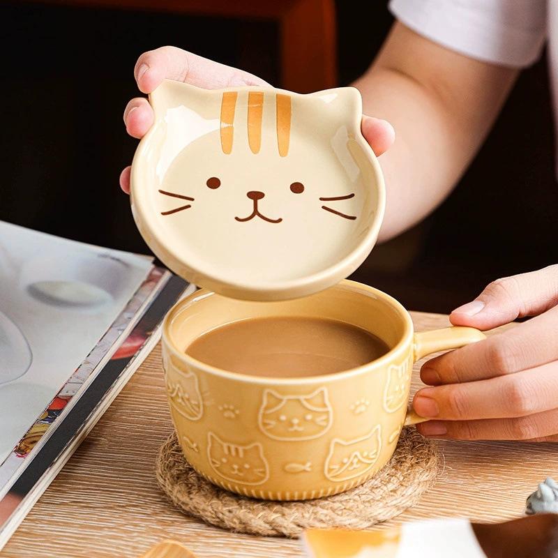 300 мл Милая керамическая кофейная кружка с крышкой, Кавайные кофейные кружки или чайные чашки для любителей кошек, Забавные оригинальные кофейные кружки для завтрака с кошкой в подарок