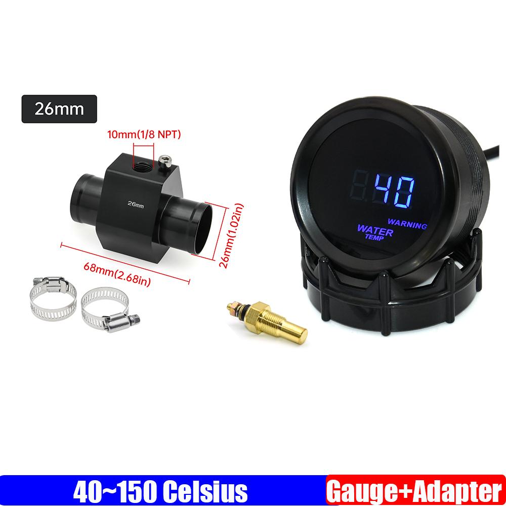 Digital 52mm Water Temperature Gauge with Alarm+Sensor Water Temp Joint Pipe Sensor Hose Adapter Gasoline Racing Car 12V