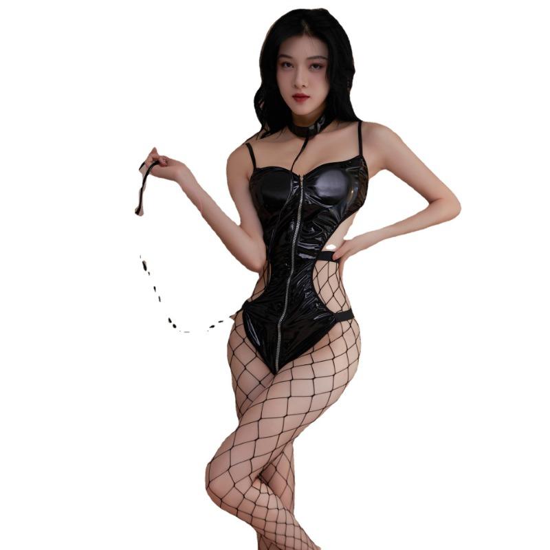 Sex Underwear Uniform Temptation One-piece Patent Leather Traction Game Uniform Set Zipper Sling One-piece