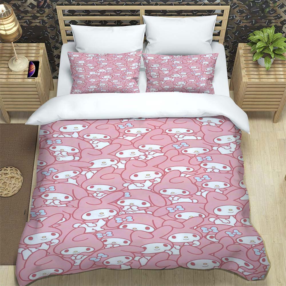 The My Melody cartoon-patterned three-piece bedding set, including a duvet cover and two pillowcases, is the perfect choice for
