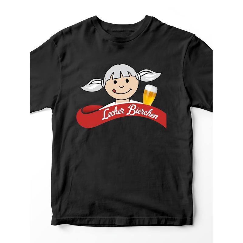 Men'S Short Sleeve Black T-Shirt With Pigtail Girl Holding Beer And LECKER BIERCHEN Banner For Festivals Or BBQ Parties