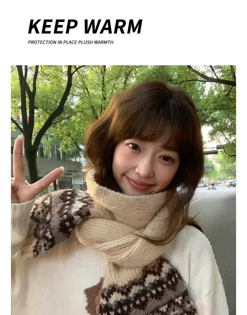 Fair Isle Red Wool Christmas Scarf: Women's Winter 2024 Korean Style Neck Warmer