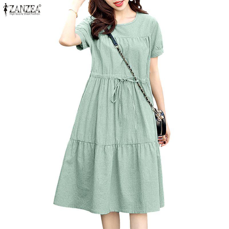 ZANZEA Women Casual Round Neck Summer Short Sleeve Plaid Print Dress