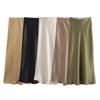 Women Fashion Satin Solid Pleated Midi Skirt Vintage Mid Elastic Waist Female Chic Lady Skirts Elegant A Line Slim Fit Women's Long Skirt 25954
