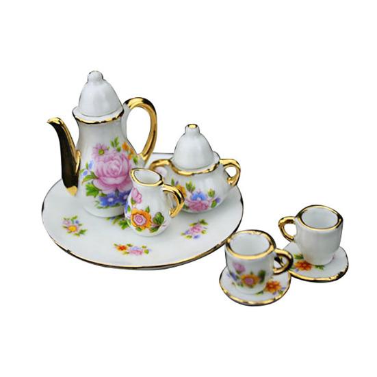 European Miniature Flower Ceramic Teapot Cup Set Dollhouse Pretend Play Toy