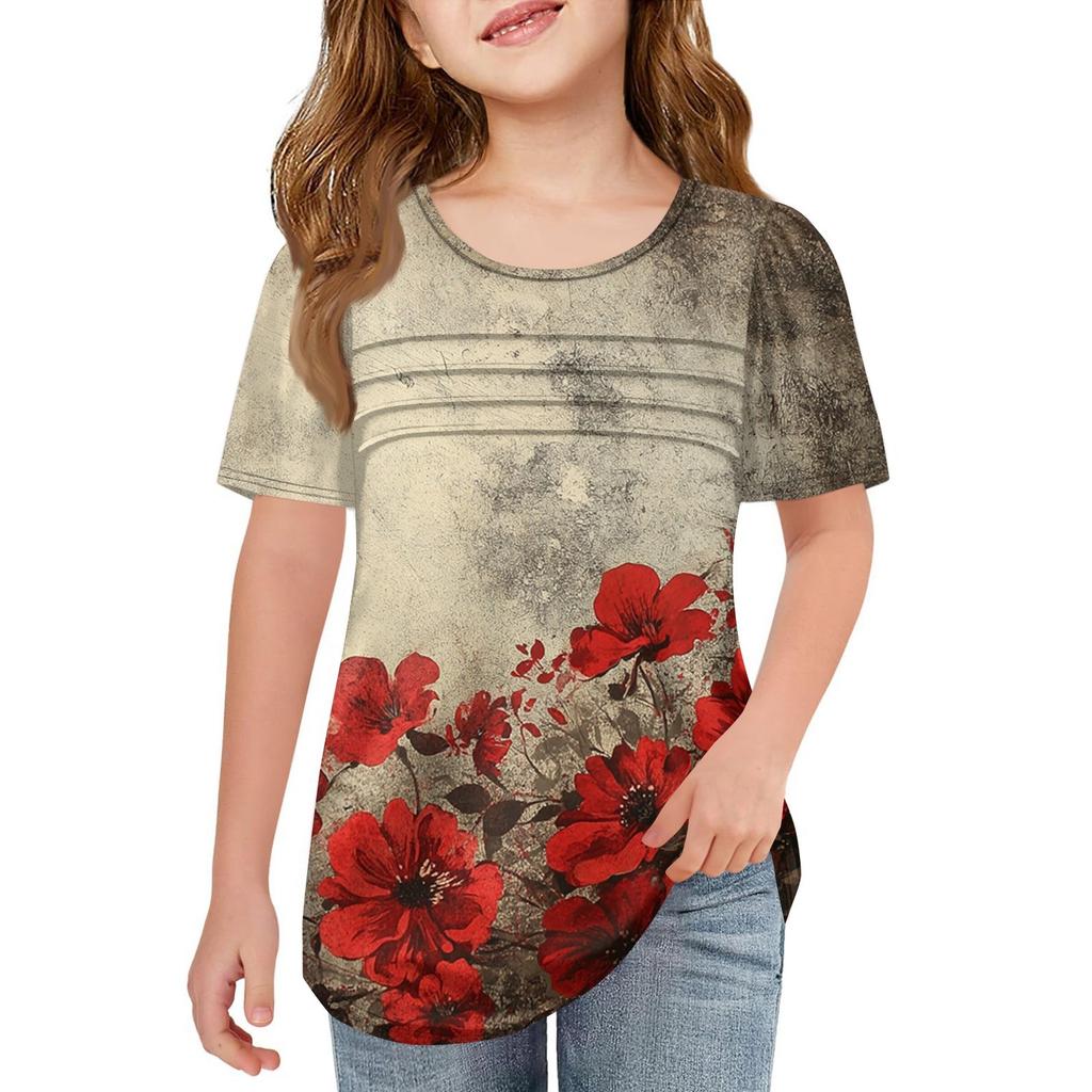 Детские футболки-складки, летние футболки с короткими рукавами и круглым воротником, с принтом цветов, пальто для отдыха