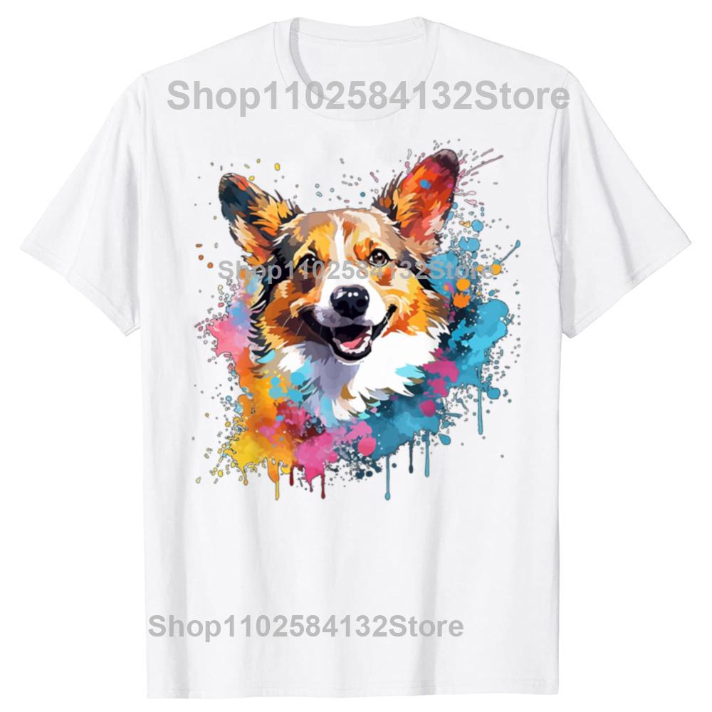 Summer New Vintage Welsh Corgi Dog Splash Art Colorful T Shirt Harajuku Funny Corgi Dog Lover Gifts TShirt Graphic Clothes
