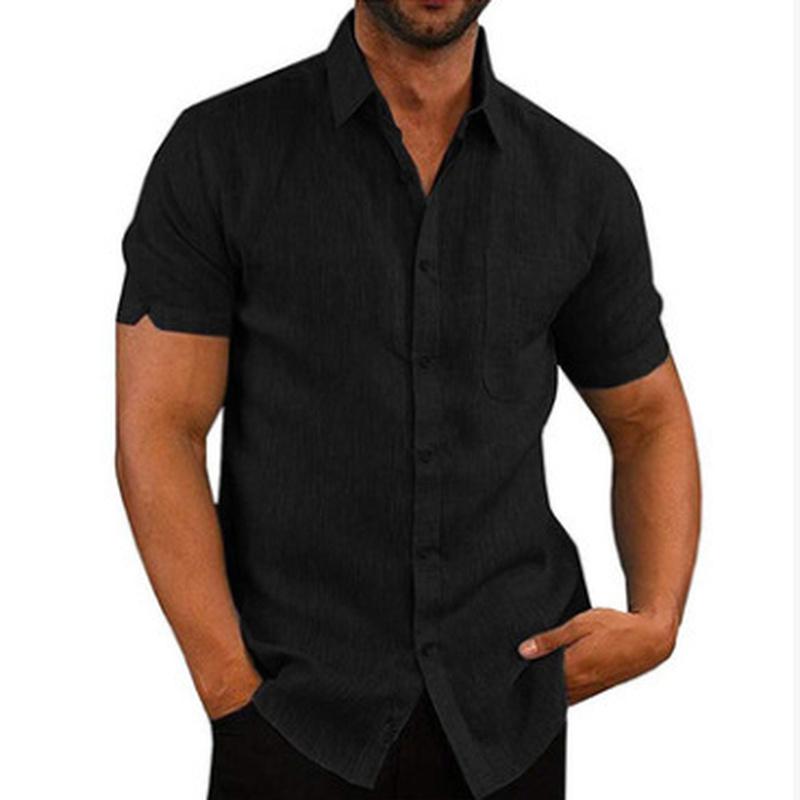 Summer Lapel Solid Color Short Sleeve Button Up Men Linen Shirt Plus Size Men's Tops