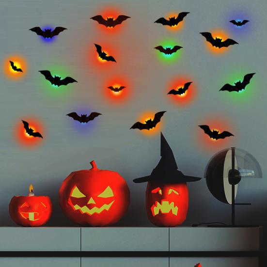 16 Pcs Lighted 3D Bat Sticker LED Halloween Bat Decorative Wall Sticker Light Up Glowing Bat Clings for Bedroom Window Wall Decor