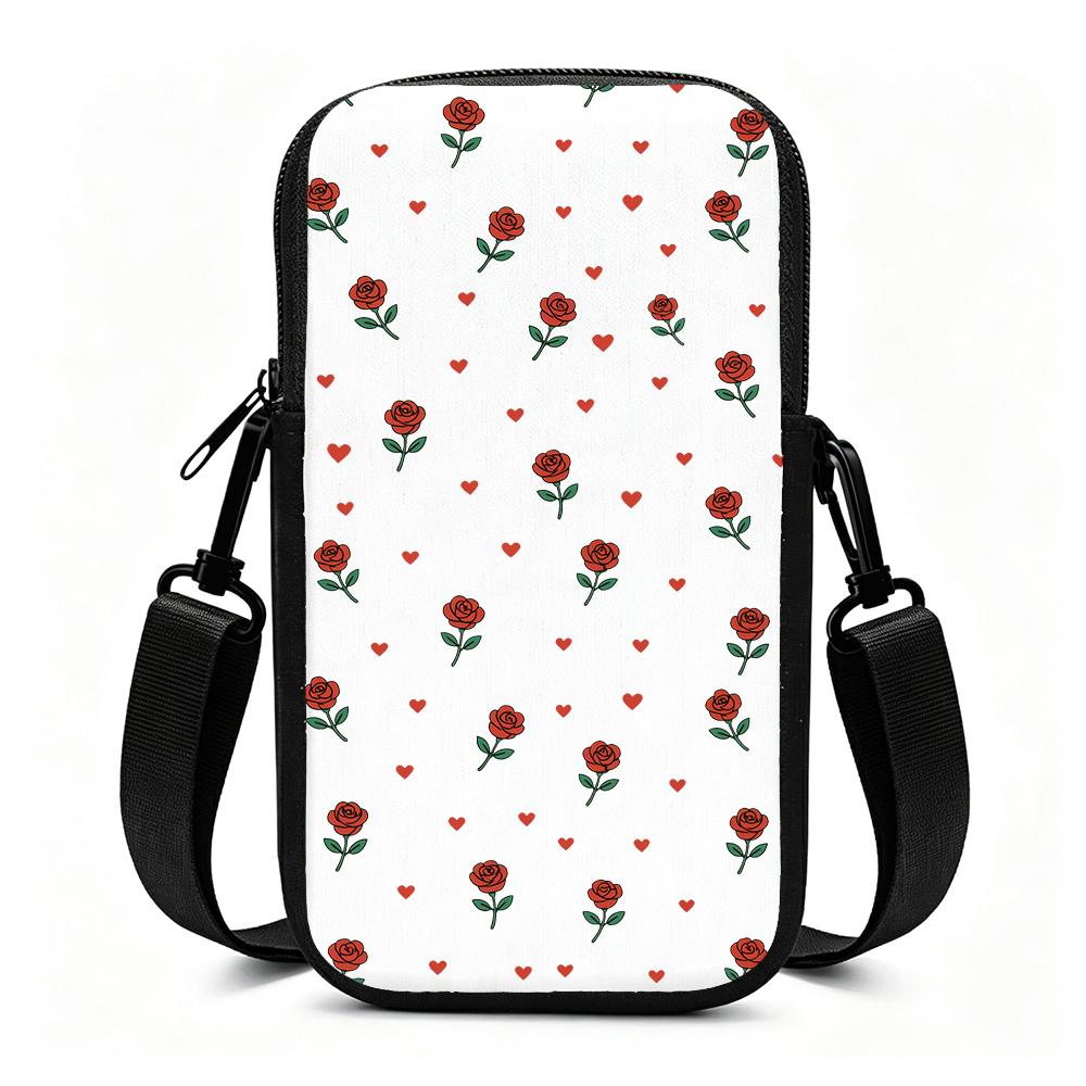 Romantic Red Rose Heart Print Crossbody Phone Bag, Vintage Floral Aesthetic Small Shoulder Purse, Lightweight Wallet Pouch for Women Christmas Gift Pa