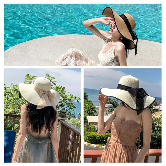 Women Straw Hat Wide Brim Breathable Lightweight Sun Protection Hat with Lace-up Bowknot Decor Sun Hat
