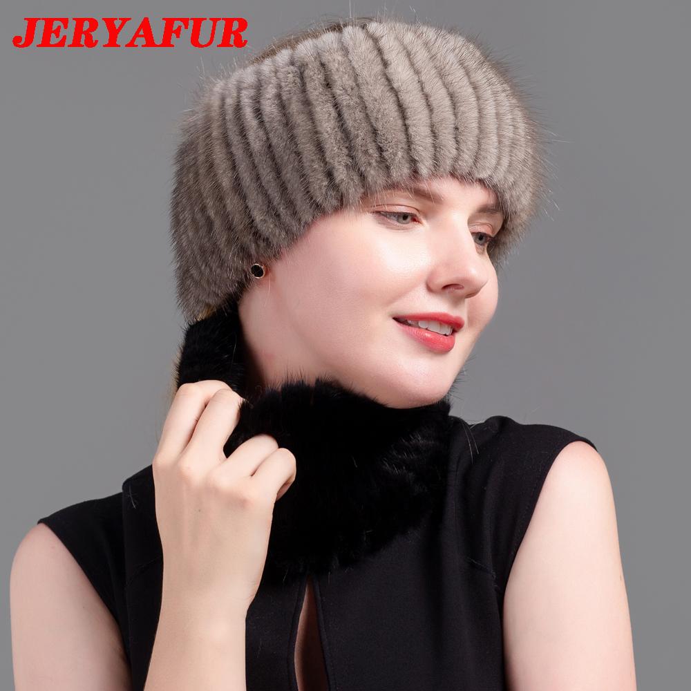 JERYAFUR Ladies Winter Knitted Leather Straw Hat Real Mink Scarf Hat Stretch Luxury Mink Empty Top Hat