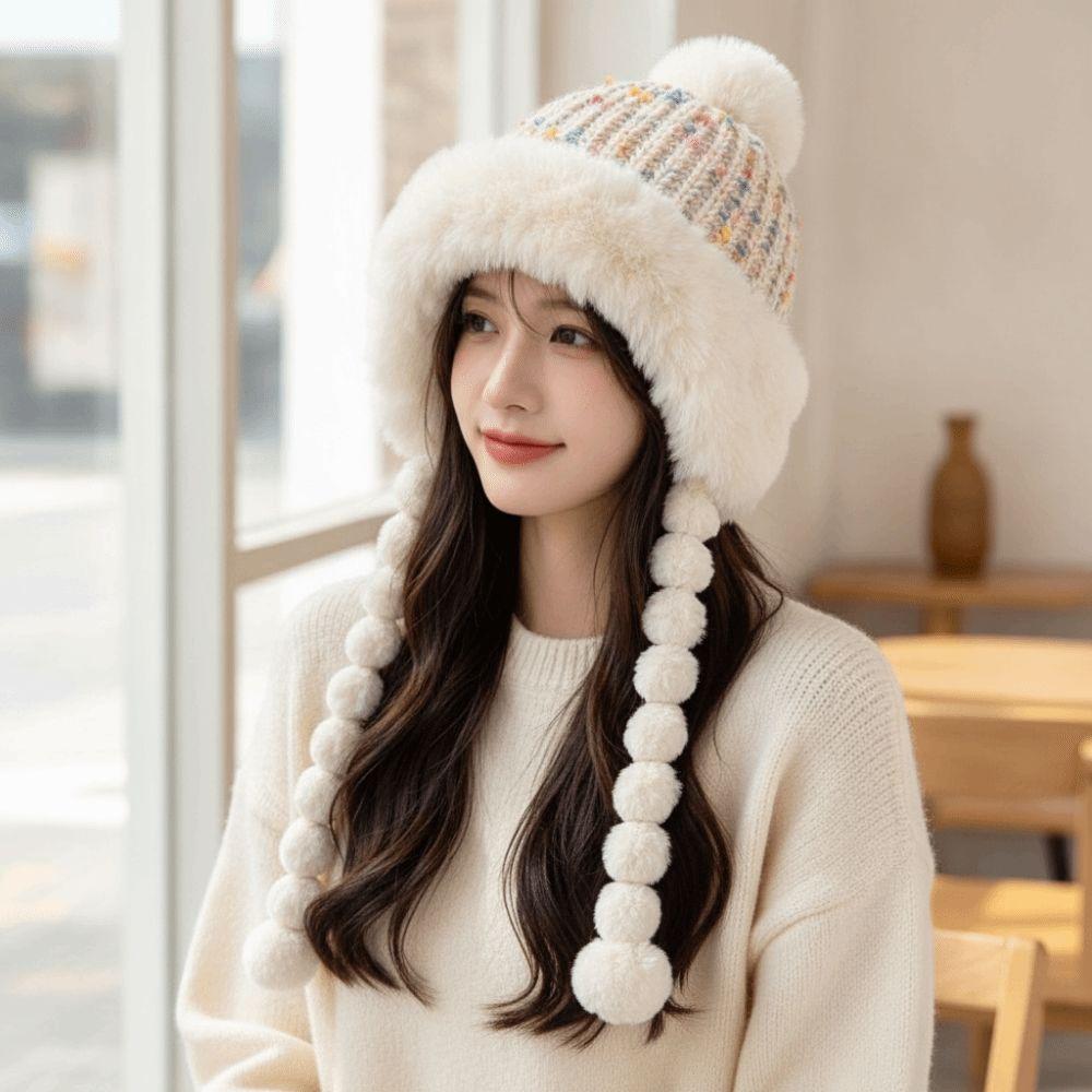 Fur Brim Pompom Braids Hat Striped Knit Earflap Winter Cap Fleece Knit Beanie Teens