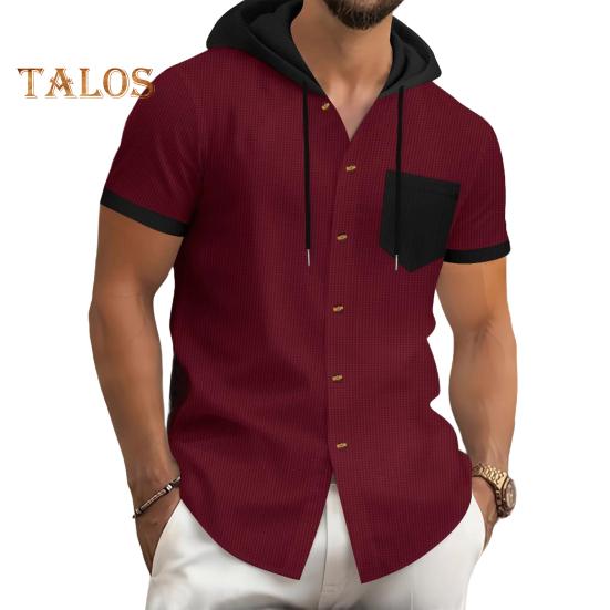 Мужская летняя футболка с капюшоном, короткий рукав, застежка на пуговицы, нагрудный карман, вафельный цветной блок, повседневная футболка с капюшоном для спортзала, уличная одежда