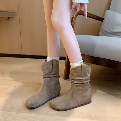 Ретро плиссированные ковбойские сапоги в западном стиле женские новые универсальные и тонкие модные сапоги на плоской подошве с наборным каблуком