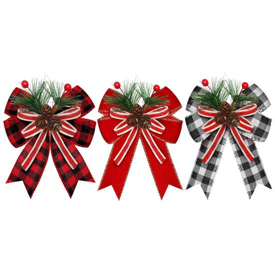 Рождественский джутовый клетчатый бант с сосновыми шишками, сосновыми иглами, большой клетчатый бант «буффало», клетчатый бант для праздничных поделок, домашней вечеринки, украшения елки