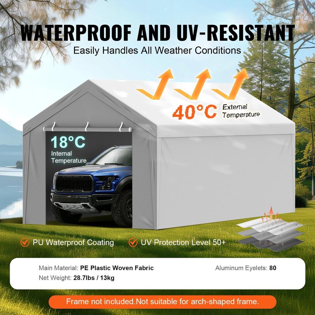 Carport Replacement Canopy Cover Top + Side Wall 6000 x 3000 mm, Garage Tent Shelter Tarp Heavy-Duty Waterproof & UV Protected, Easy Installation with