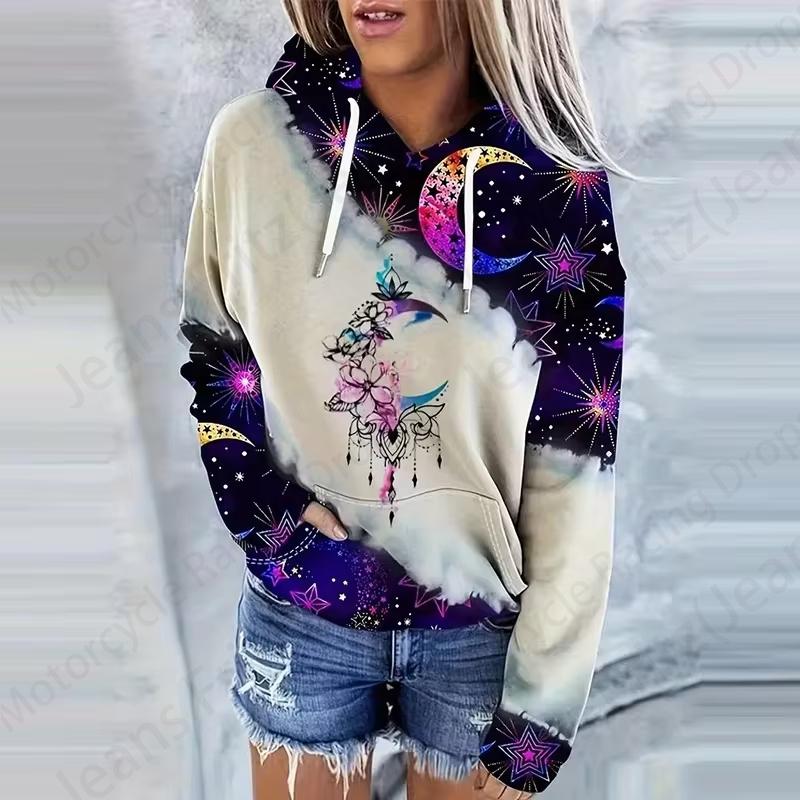 Moon Sun 3D Print Drawstring Hoodie Women Fashion Oversize Hoodies Women Sweats Long Sleeve Hooded Sweatshirt Women's Clothing