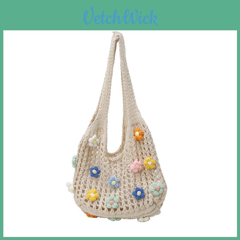 Large Woven Flowers Tote With Dual Shoulder Straps For Casual Outings