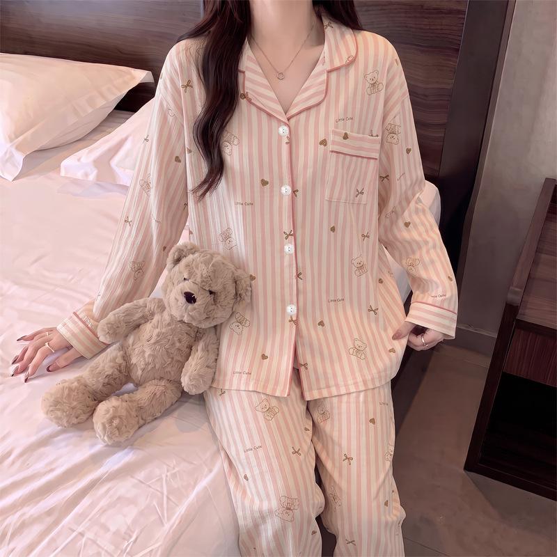 Japanese fashion casual pajamas women's spring and autumn new wrinkled cloth long-sleeved trousers sweet striped loungewear