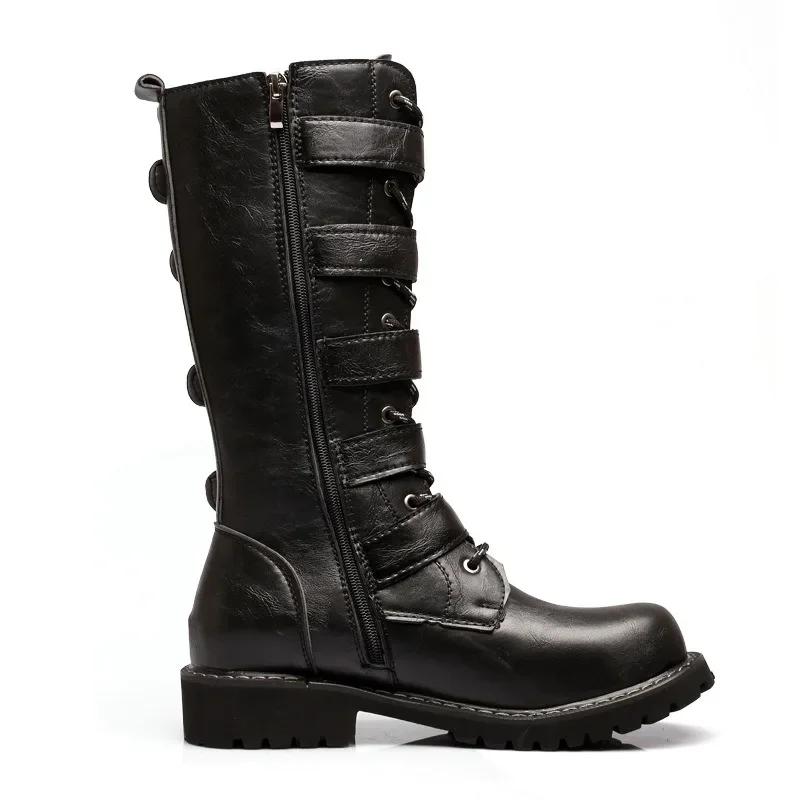 Winter Men Motorcycle Boots Fashion Mid-Calf Punk Rock Punk Shoes Mens PU Leather Black High Top Casual Boot Man