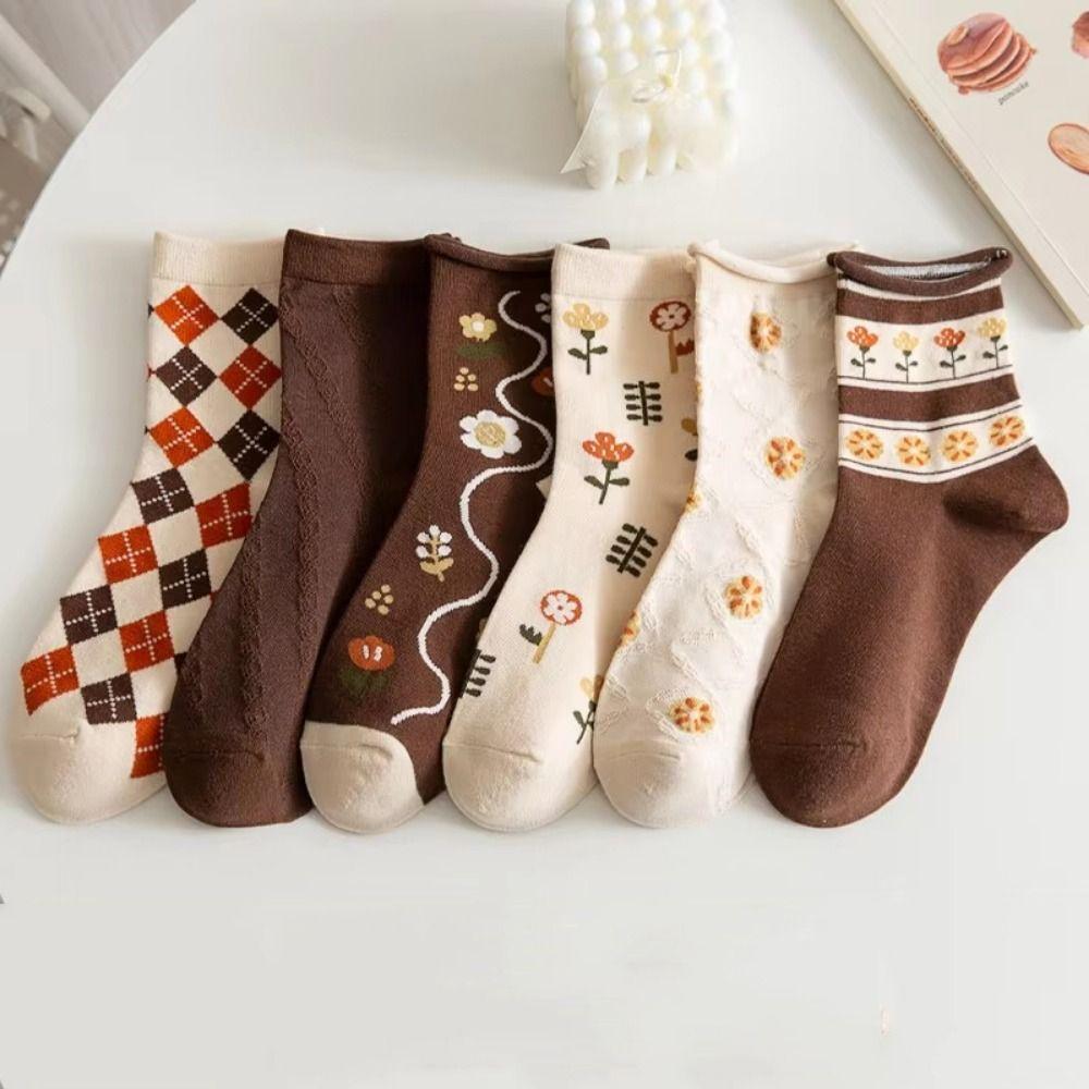 Thickened Floral Print Socks Sweet Knitted Mid-tube Socks Flower Middle Tube Socks  Female
