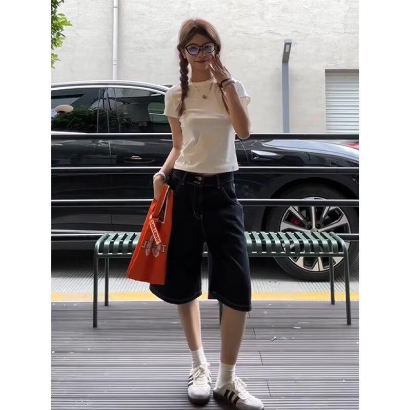 American-style black denim shorts for women, summer high-waisted slimming straight loose versatile 5-point wide-leg mid-length pants