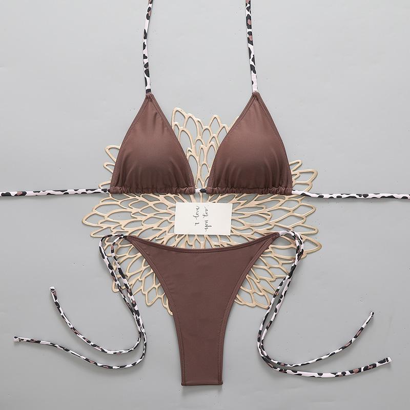 Сексуальный женский пляжный бикини с леопардовым принтом 2026 Купальник с завязками на шее Микро стринги Наборы бикини Женский купальник для ношения на пляже Купальный костюм