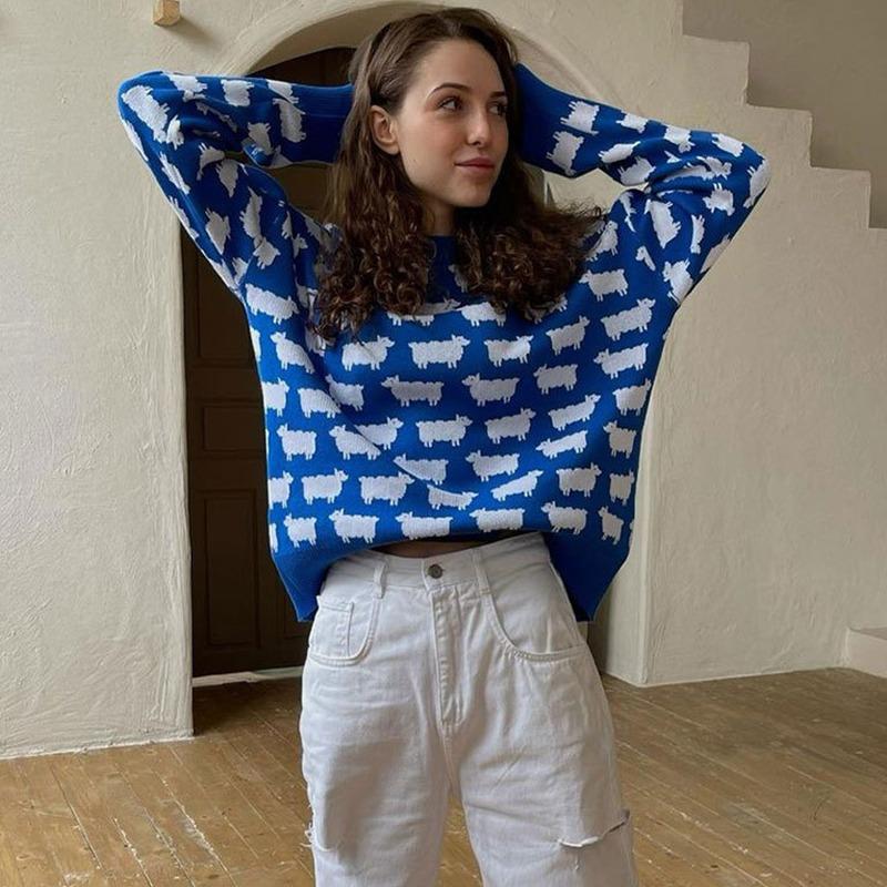 Зимний вязаный свитер с принтом альпаки, женский свободный повседневный свитер с круглым вырезом и длинным рукавом, женский модный повседневный элегантный трикотажный свитер, женский тренд 2024 года