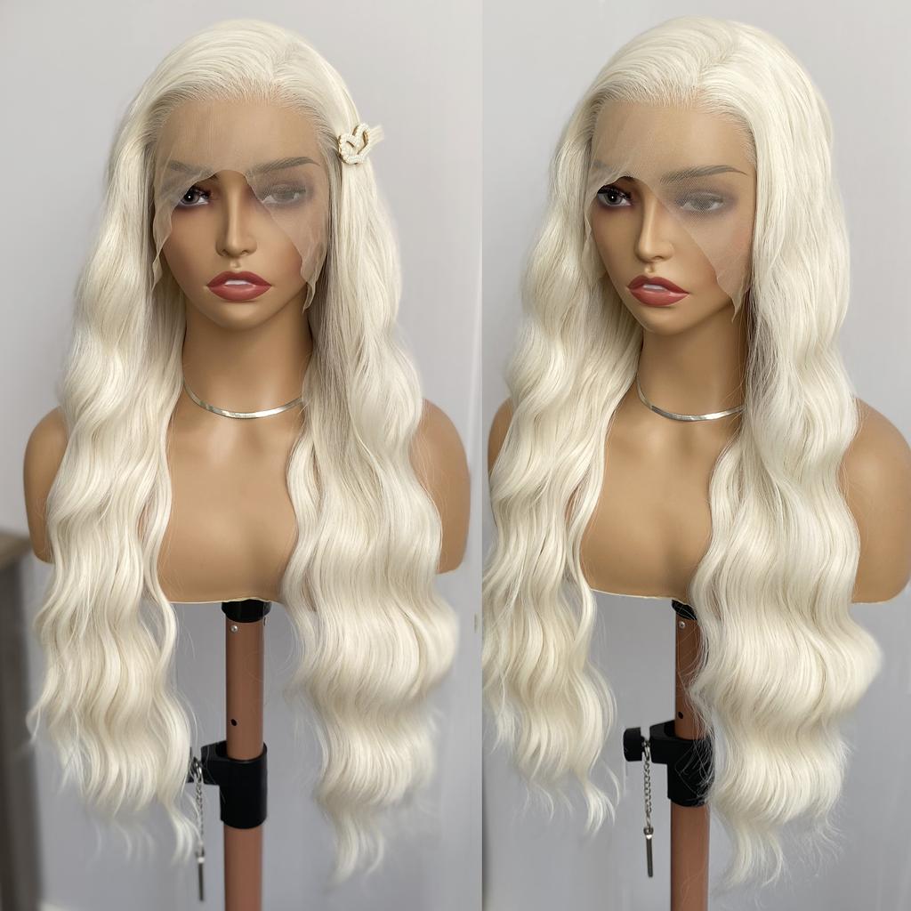 AIMEYA Platinum Blonde Lace Front Wig for Women Girls Long Body Wave Heat Resistant Synthetic Lace Wigs Daily Use Cosplay Party