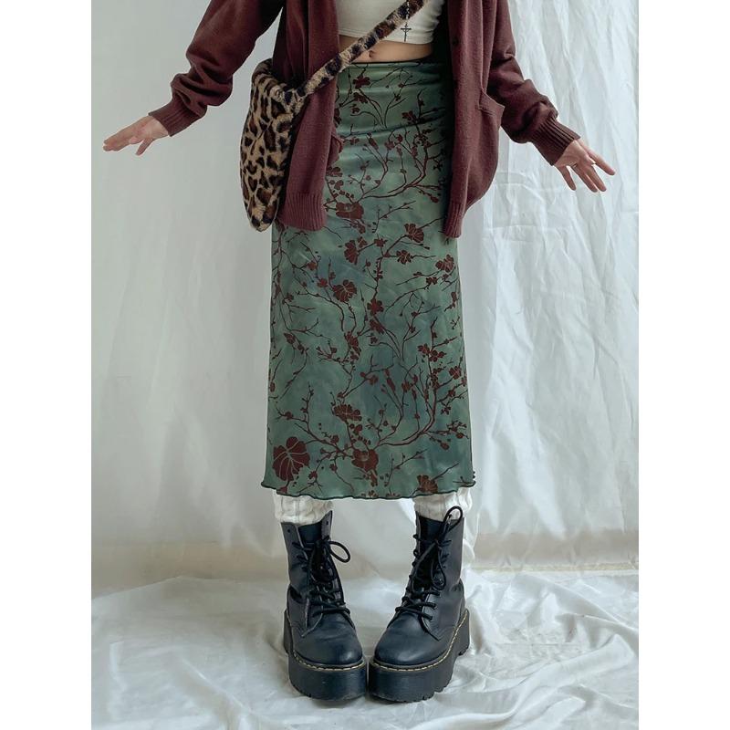 Винтажная длинная юбка, зеленая женская юбка с цветочным принтом Y2K, модная уличная гранж-мода, элегантная юбка до середины икры, корейская мода 2000-х годов