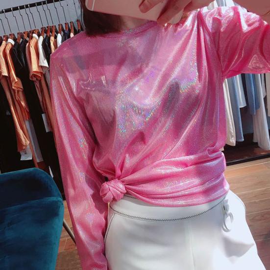 Женская Свободная футболка с длинными рукавами и блестками, украшенная блестящими светоотражающими буквами, футболка, круглый пуловер, топы