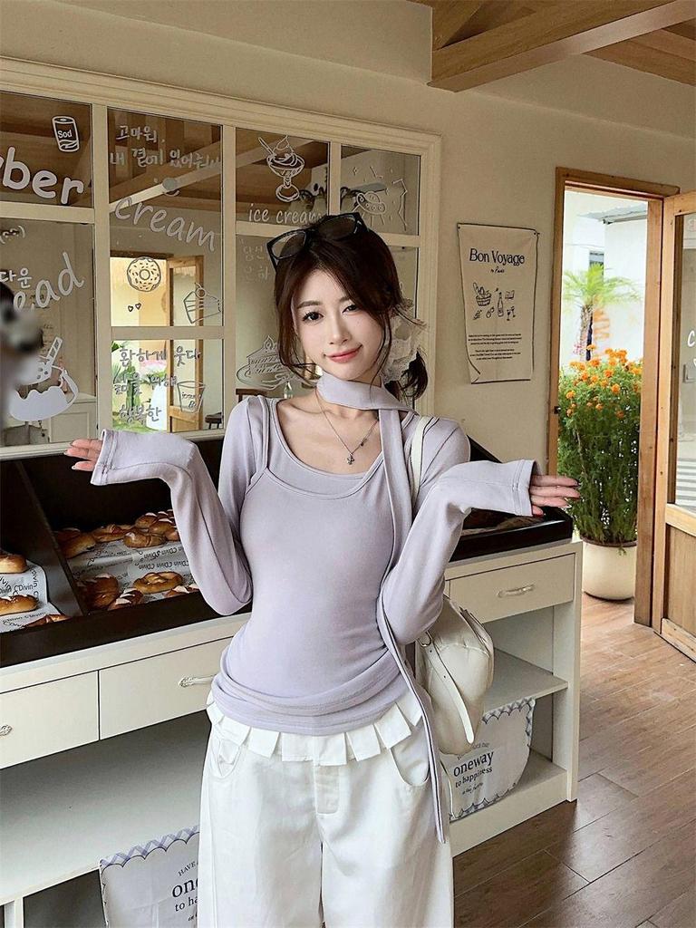 Женская весенняя ветрозащитная футболка с длинными рукавами и лентой, состоящая из двух частей