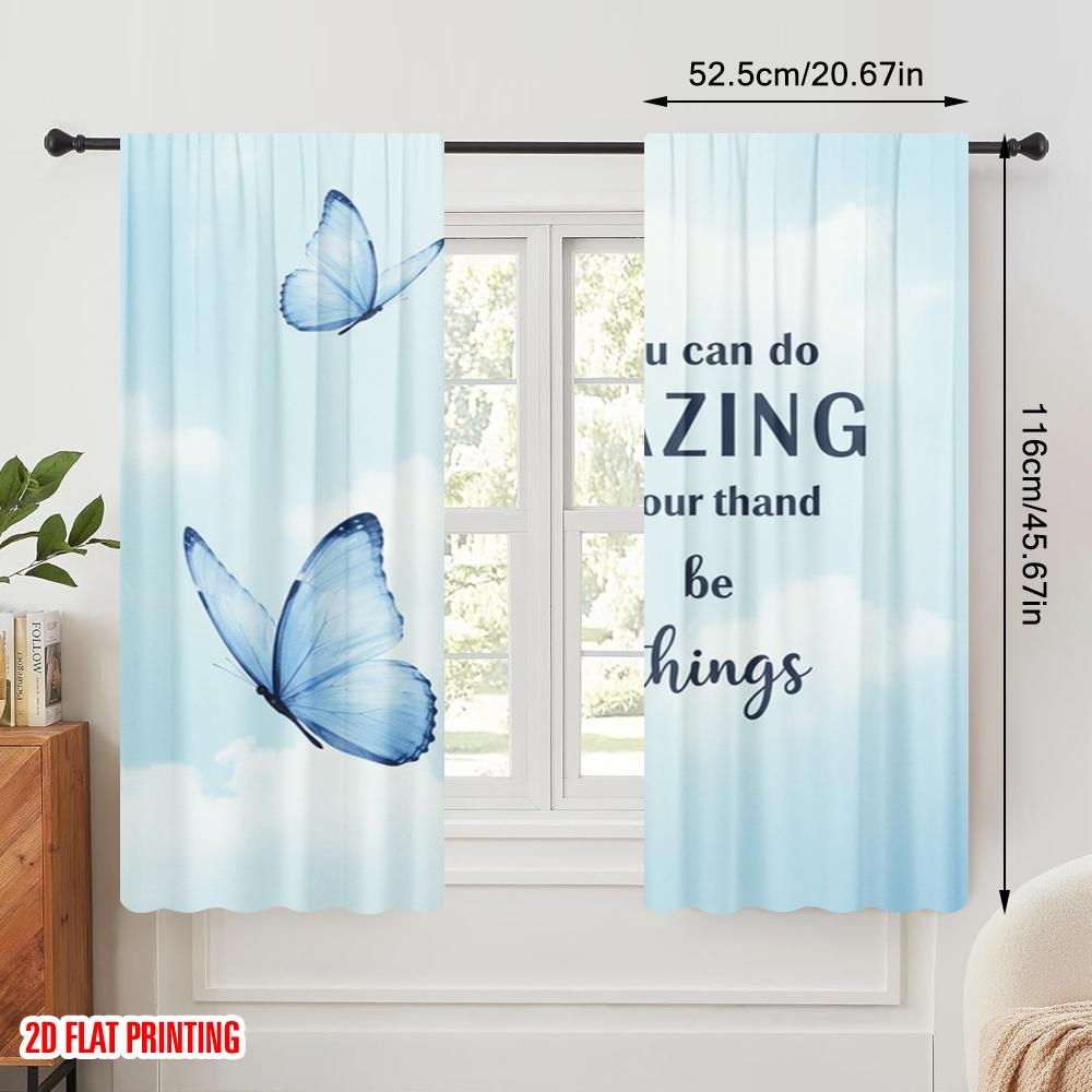 2pcs 2D flat printing Drapes Beautiful Blue Butterflies Amazing Things Fabric Without Electricity All Season Party & Holiday