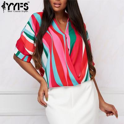 Женская мода повседневная летняя весна цветные блоки принт короткий рукав воротник поло блузки и рубашки