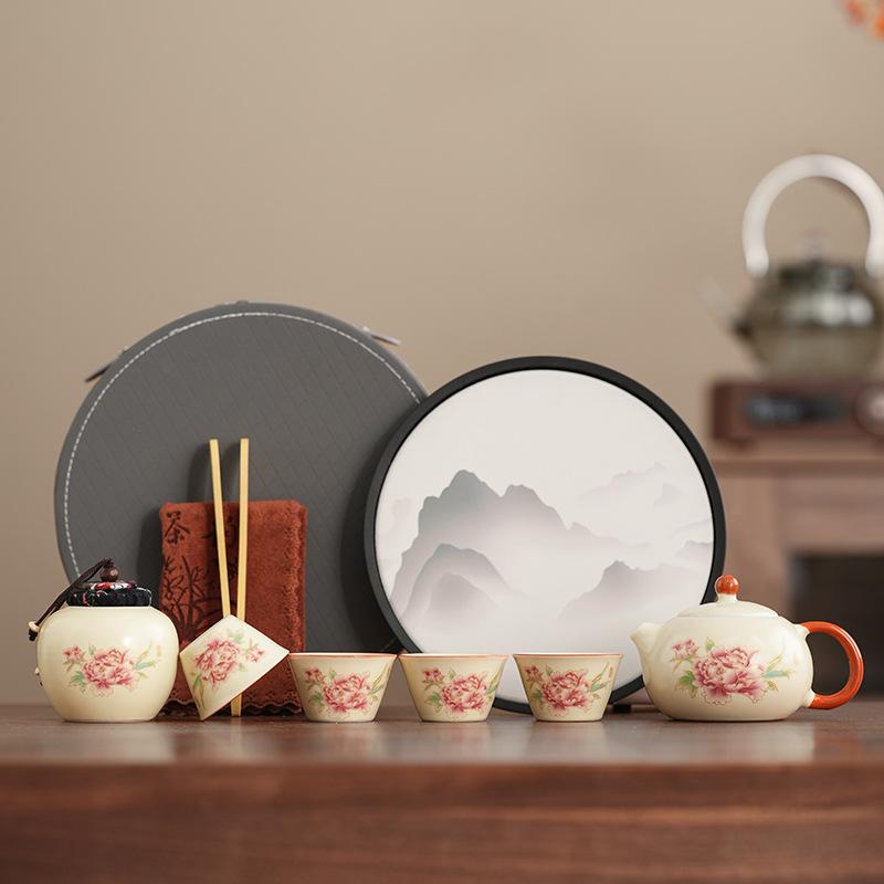 Чайник для заваривания кунг-фу, дорожный чайный набор, портативный, для улицы, ручная работа, печь Жу, один чайник, четыре чашки, экспресс-чашка, набор с сумкой для переноски