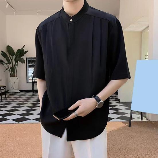 Мужская летняя рубашка с воротником-стойкой из ледяного шелка, сплошной цвет, плиссированный свободный крой, кардиган с половиной рукавов, средней длины, повседневный деловой зрелый мужской офисный топ