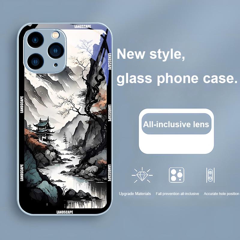 Китайская пейзажная живопись для iPhone 16 Plus 15 14 13 12 Mini 11 Pro Max X XS XR 7 8 Plus 2022 Закаленное стекло Чехол для телефона