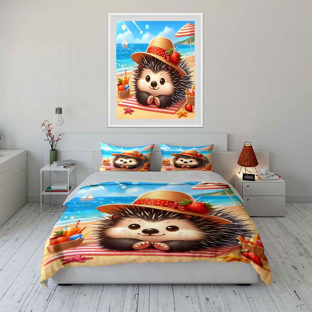 Beach Hedgehog Picnic Set Bedding Set with 1 Duvet Cover 2 Pillowcases Single Double King Queen, Gift