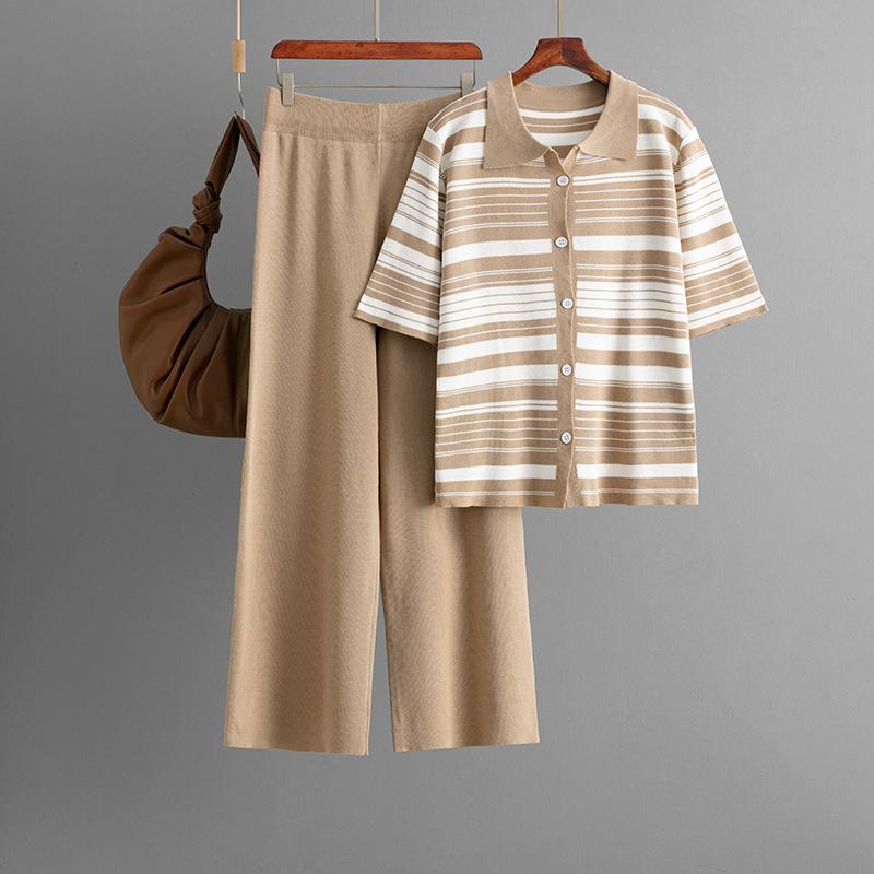 Модный вязаный комплект женский летний полосатый свободный топ с коротким рукавом и повседневные брюки, комплект из двух предметов