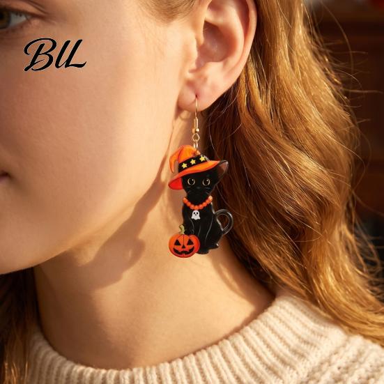 Cute Pumpkin Wizard Hat Earring 1 Pair Halloween Black Cat Acrylic Earrings for Women, Eye Catching Seasonal Ear Jewelry with And Dangle Party Costume