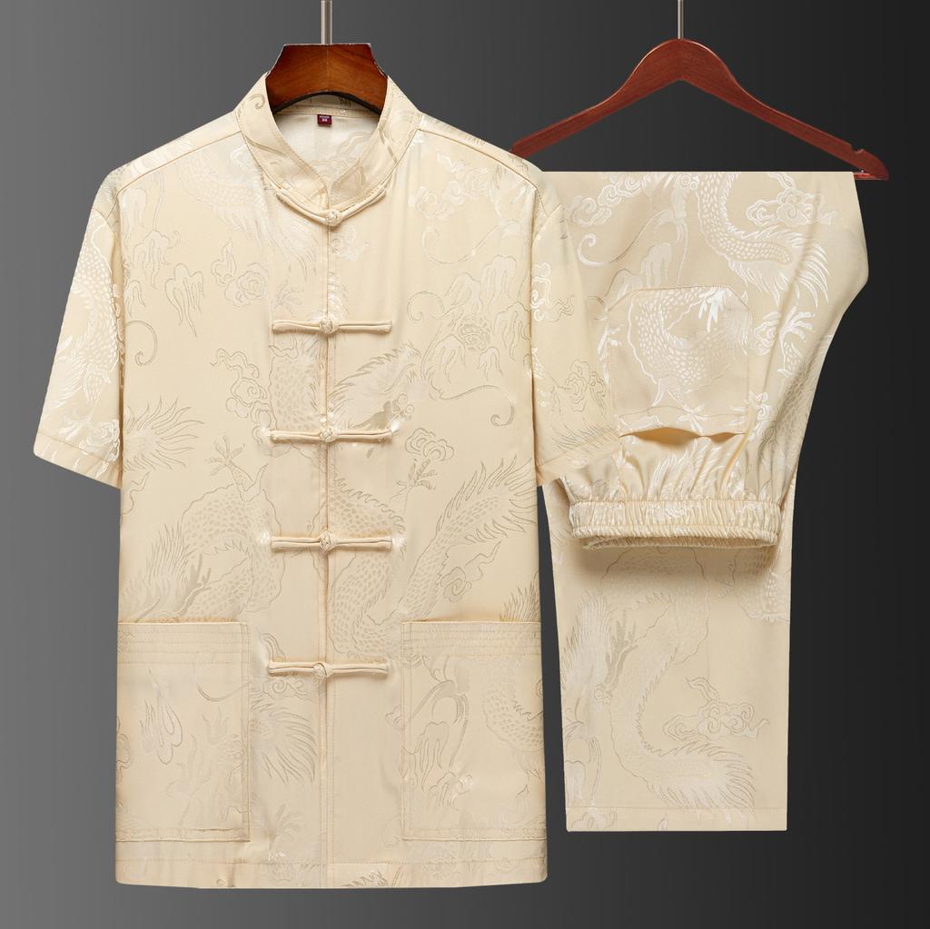 Костюм Тан мужской с коротким рукавом в китайском стиле, костюм для отца, летний костюм, костюм китайского дедушки, мужской